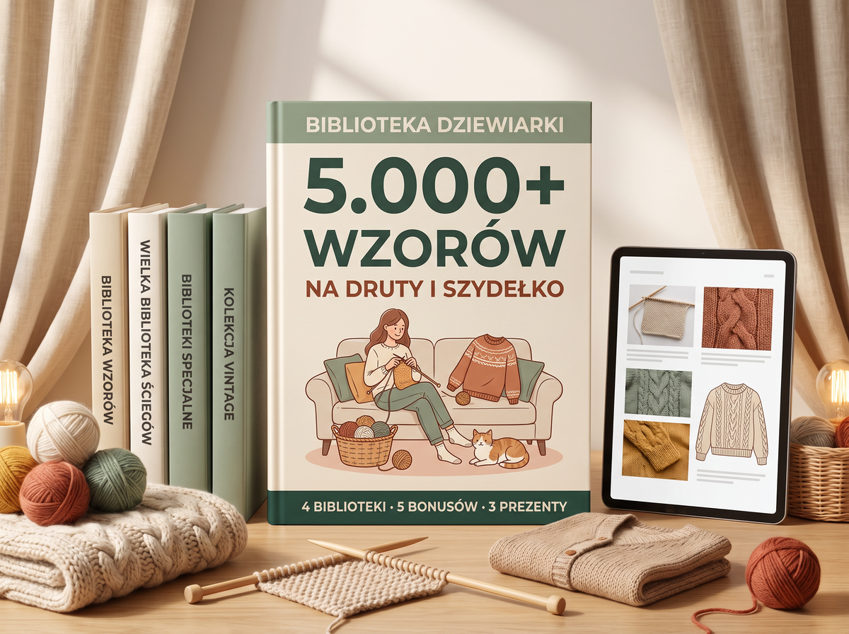 Biblioteka Dziewiarki — książka i tablet z biblioteką wzorów na druty i szydełko